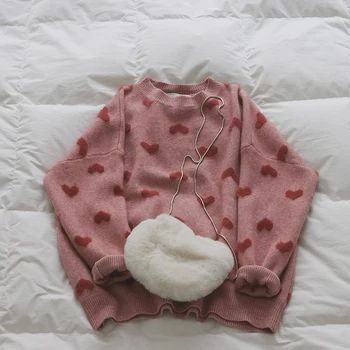 Saldus rausvos spalvos, širdies formos moterų megztinis ir puloveriai o-kaklo purus vilnos medžiagos lady išsitraukia outwear kailis viršūnės