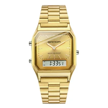 SANDA garsaus prabangių laikrodžių moterų mados dvigubas ekranas suknelė laikrodžiai kvarciniai laikrodžiai lady gold nerūdijančio plieno laikrodis 2020 m.