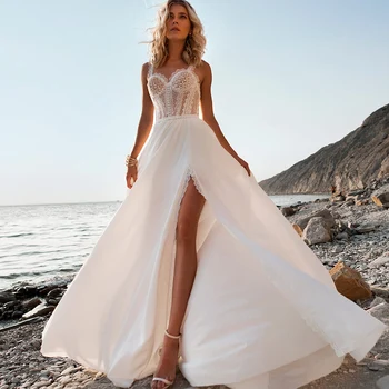 Seksualus Bakless Stebėjimo Peties-Line Weddding Suknelės Aukštos Priekiniai Padalinta Grindų Ilgis Mados 2020 Naujausia Versija Vestuvinės Suknelės