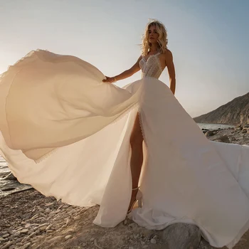 Seksualus Bakless Stebėjimo Peties-Line Weddding Suknelės Aukštos Priekiniai Padalinta Grindų Ilgis Mados 2020 Naujausia Versija Vestuvinės Suknelės