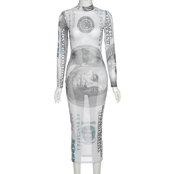 Seksualus Dolerio Spausdinimo Vien Akies Suknelės Moterims Šalis Naktinis Klubas Nešioti ilgomis Rankovėmis Bodycon Maxi Suknelė Patenka 2020 m.