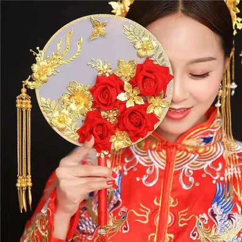 Senovinių kinų Vestuvių Dekoratyvinis Gerbėjai nuotaka Aukso Raudona Bridesmaid, Rankinės vertus, ventiliatorius Dragon 