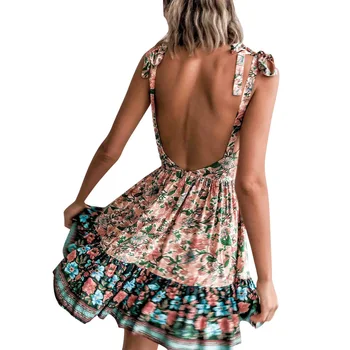 Sexy Moteris Vasarą-Line Suknelė Tvarstis Dizaino Diržas Rankovių V-Kaklo Backless Leopardas Spausdinti Boho Susiėmę Paplūdimio Suknelės Vestidos