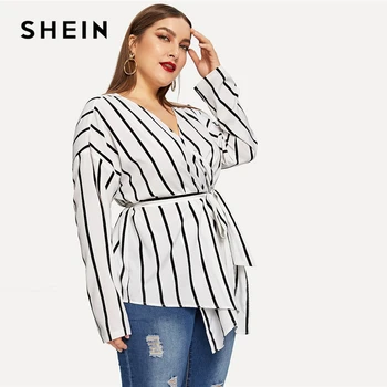 SHEIN Balta Nesimetriškas Plus Size V-kaklo Juostinės Dryžuotos Palaidinės Moterims 2019 Elegantiškas Pavasario ilgomis Rankovėmis Highstreet Viršūnes Palaidinė