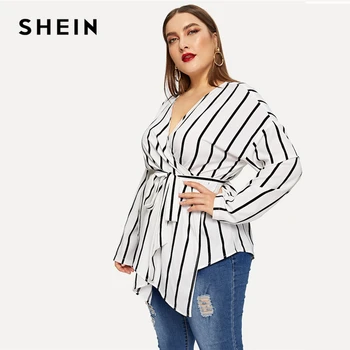 SHEIN Balta Nesimetriškas Plus Size V-kaklo Juostinės Dryžuotos Palaidinės Moterims 2019 Elegantiškas Pavasario ilgomis Rankovėmis Highstreet Viršūnes Palaidinė