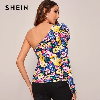 SHEIN Spalvotų Vieną Petį Gigot Rankovės Gėlių Spausdinti Viršuje Moterų Pavasario Vasaros Slim Įrengtas Seksualus Naktį iš T-shirts