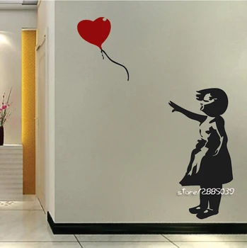 Sienų Lipdukai Namų Dekoro Mergina su Raudona Širdies Balionas Gatvės Grafiti Vinilo Meno Lipdukas 