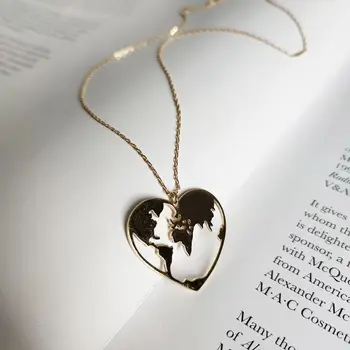 Silvology 925 Sterlingas Sidabro Širdį Pasaulio Aukso Karoliai Minimalistinės Kūrybos Žemėlapį Pakabukas Karoliai Moterų 2019 Aukso Papuošalai Naujas