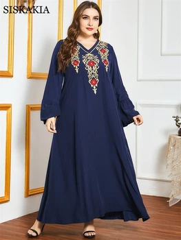 Siskakia Plius Dydis Maxi Suknelė Moterims Rudenį 2020 Elegantiškas Etninės Siuvinėjimas V-Kaklo, ilgomis Rankovėmis arabų Musulmonų Drabužiai Tamsiai Mėlyna