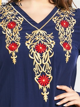 Siskakia Plius Dydis Maxi Suknelė Moterims Rudenį 2020 Elegantiškas Etninės Siuvinėjimas V-Kaklo, ilgomis Rankovėmis arabų Musulmonų Drabužiai Tamsiai Mėlyna