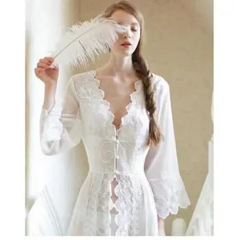 Sleepwear Seksualus Ilgai, naktiniai drabužiai Balti Nėriniai Derliaus Princesė Dress Viduramžių Pižamą Europos stiliaus Rūmus Skraiste Gražus Vestidos