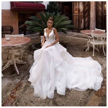 SoDigne V Kaklo Vestuvių Suknelė 2019 Organza Paplūdimio Vestuvių Suknelė Pakopų Nuosėdos Balta/Dramblio kaulo Romantiška plius dydis Vestuvių Suknelės
