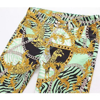 Sokotoo Vyrų mados tigras grandinės spausdinti džinsai Vyrų slim fit plono džinsinio audinio kelnės Ilgos kelnės Nemokamas pristatymas