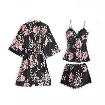 Spausdinti Gėlių Chalatas Kimono Suknelė Moterų 5vnt Sleepwear Nustatyti Tamsiai Mėlyna naktiniai drabužiai Sexy Nėrinių Apdaila Miego Nustatyti Atsitiktinis Palaidų Namų Drabužiai