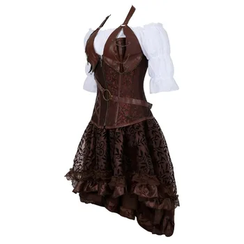 Steampunk Korsetas Suknelė Gotikos PU Odos Korsetas Pasėlių Viršuje Renesanso Palaidinė Su Parodijos Sijonas Trijų Gabalų Rinkinys Piratų Kostiumų
