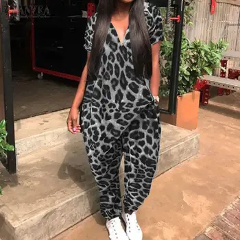 Stilingas Moterų Spausdinti Jumpsuits ZANZEA Seksualus Leopard darbo drabužiai Atsitiktinis V-Kaklo Playsuits Moterų Mygtuką Vasaros Haremas Pants Plus Size