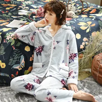 Storas Šiltas Flanelė Pižama Rinkiniai moterims Žiemos Pajama Nustatyti ilgomis Rankovėmis Visą Kelnės Moteriška pyjama Mergina Sleepwear
