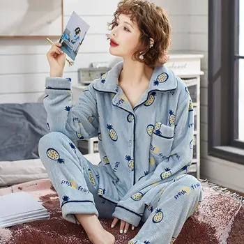 Storas Šiltas Flanelė Pižama Rinkiniai moterims Žiemos Pajama Nustatyti ilgomis Rankovėmis Visą Kelnės Moteriška pyjama Mergina Sleepwear