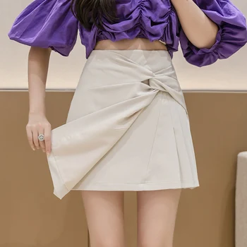 Streetwear studentų klostuotas mini sijonas vasaros nereguliarus moteris trumpais sijonais twist aukšta juosmens linija, ritininės kratinys moteriški sijonai