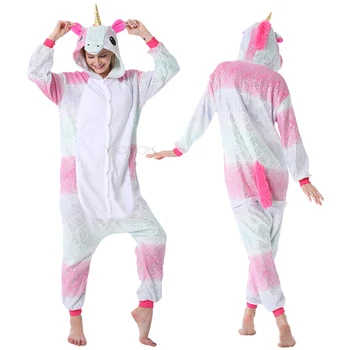 Suaugusieji Flanelė Kigurumi Vienaragis Onesies Moterų Pižama Gyvūnų Katė Pižamos Žiemos onesies Panda Kiškis Vilkas Sleepwear Cosplay