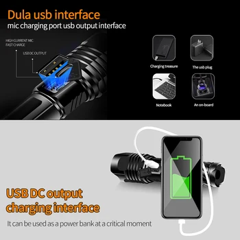 Taktinis žibintuvėlis XHP100 USB LED žibintuvėlis zoomable teleskopinis įkrovimo nešiojamų šviesos vandeniui super galinga lempa