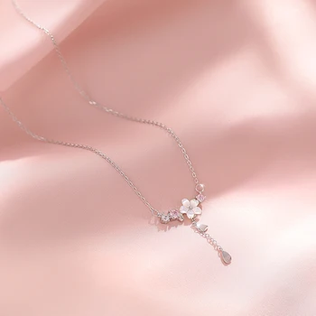 Temperamento Moteris Fine Jewelry s925 Sterling Silver Pink Cherry Blossom Karoliai Cirkonis Kutas Clavicle Grandinės Draugei