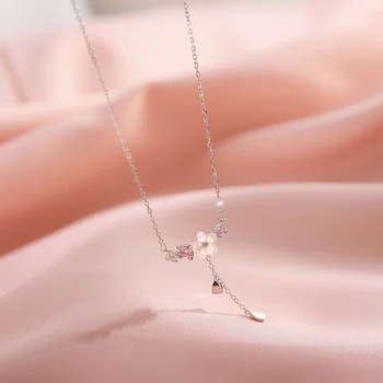 Temperamento Moteris Fine Jewelry s925 Sterling Silver Pink Cherry Blossom Karoliai Cirkonis Kutas Clavicle Grandinės Draugei