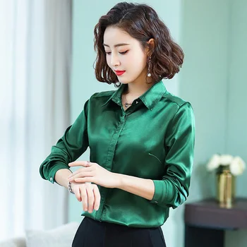 TingYiLi Žalia Rožinė Satino Palaidinė Pavasario Vasaros Moterų Palaidinė Marškinėliai Korėjos Elegantiškas Biuras Ponios Ilgomis Rankovėmis Viršūnes
