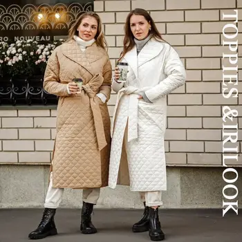 Toppies 2020 m. rudens ir žiemos paltai moterų argyle ilga striukė plonas parkas dvigubo breasted diržo kailio pledas