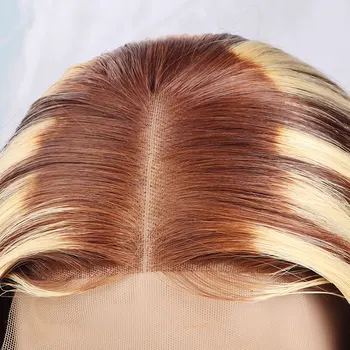 Trumpas Bob Perukas Medaus Blondinė Pabrėžti Tiesiai Žmogaus Plaukų Perukai Moterims Remy Pixie Sumažinti 4.5x4.5 Nėrinių Uždarymo Peruką Prieš Nupeštos