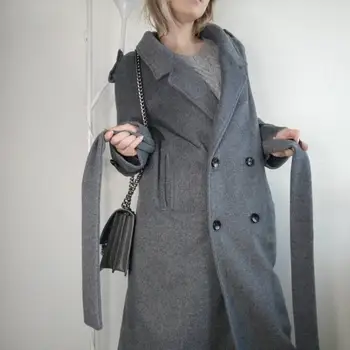 UK 2020 m. Pavasarį Naujas dizainas Moterys Paprasta Vilna Maxi Ilgas Kailis Skraiste Slim fit paltas Atsitiktinis paltas su diržu, Pilka