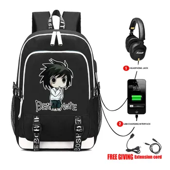 USB Įkrovimo Ausinių Lizdas Nešiojamas Krepšiai Paaugliai Mokykloje knyga maišelį Daugiafunkcį kelioniniai Krepšiai, anime Death Note, L Kuprinė Mochilas