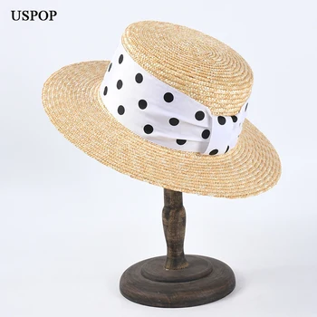 USPOP 2020 Naujas vasaros skrybėlės moterims, natūralios kviečių šiaudų skrybėlę kropkowany juostelės paplūdimys skrybėlės moterų flat top saulės skrybėlės