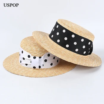 USPOP 2020 Naujas vasaros skrybėlės moterims, natūralios kviečių šiaudų skrybėlę kropkowany juostelės paplūdimys skrybėlės moterų flat top saulės skrybėlės