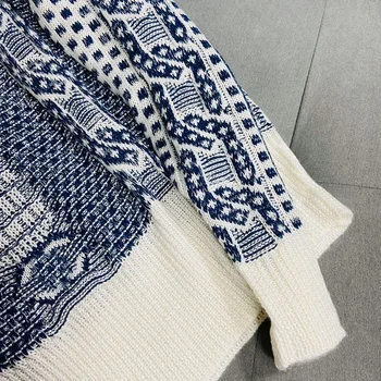V-kaklo Mėlynas Dryžuotas Megzti Megztinis Megztinis Moteris Rudens-Žiemos Dizaineris Prabanga Moterų Drabužių Jumper Jersey