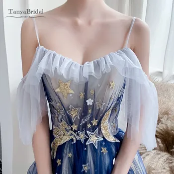 V-kaklo Mėlynas Promenadzie Suknelė Moterims, Elegantiškas Moon Star Blizgančiais Ilgai Vakare Šalis Suknelė Naujas Stilius 
