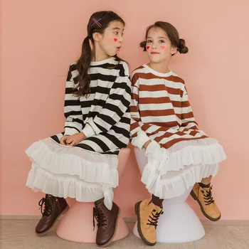Vaikų 2020 m. rudenį naujų mergaičių dryžuota suknelė versija didelis vaikų tėvų-vaikų drabužiai susiuvimo susiėmę suknelė