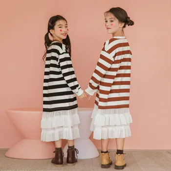 Vaikų 2020 m. rudenį naujų mergaičių dryžuota suknelė versija didelis vaikų tėvų-vaikų drabužiai susiuvimo susiėmę suknelė