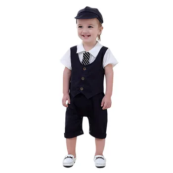 Vaikų džentelmenų kostiumas Kūdikiams Kūdikiams trumpomis Rankovėmis Džentelmenas Romper Kietas Spausdinti Jumpsuit +Hat berniukų drabužiai vaikams, drabužiai#06