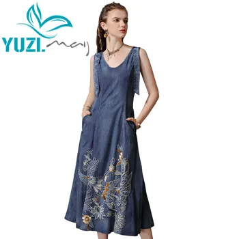 Vasaros Suknelė 2019 Yuzi.gali Boho Naujas Džinsinis Moterų Suknelės, O-Kaklo, Rankovių Derliaus Siuvinėjimo Swing Hem Sundress A82169 Vestidos