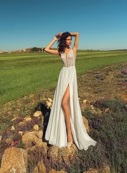 Verngo Paplūdimio Boho Vestuvių Suknelės, Seksualus V-Kaklo Pusėje Ritininės 2020 Nuotakos Suknelė Backless Grindų Ilgis Dramblio Kaulo Bohemijos Vestuvių Suknelė
