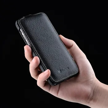 Vertikalus Atviras natūralios Odos Flip Telefonas Case Cover 
