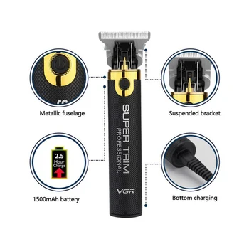 VGR USB Įkrovimo Baldheaded Plaukų Clipper Elektriniai plaukų žoliapjovės Belaidžius Skustuvas Žoliapjovės 0mm Vyrų Kirpykla, Plaukų Pjovimo Mašina