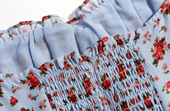 Vintage blue gėlių spausdinti moterims topai ir palaidinės, elegantiška, elastinga blusas mujer de moda mados vasaros marškinėliai femme vestidos