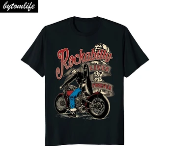 Viršūnės Cool Marškinėliai Dviratininkas Marškinėliai Rockabilly Gyvena Amžinai - Custom Motociklų O-Kaklo Marškinėlius Homme