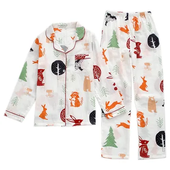 Voverės rudenį Spausdinimo Pižama Moterų ilgomis Rankovėmis Pijama Dvigubo Sluoksnio Medvilnės Marlės Pižamos Namuose 2 Gabalas Sleepwear Miego Viršūnės