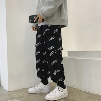 Vyrai Harajuku Juoda Raidė Krovinių Haremo Kelnės 2020 Poilsiu Mens Kišenėje Streetwear Sweatpants Hip-Hop Vyrų Korėjos Kelnės