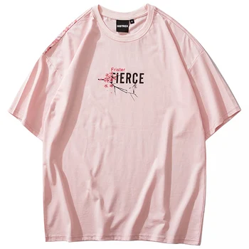 Vyrai Hip-Hop Marškinėliai 2020 Streetwear Japonijos Sakura Tapybos Marškinėlius Trumpomis Rankovėmis Medvilnės Vasaros Harajuku T-Shirt Japonija Stiliaus Rožinė