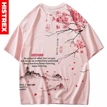 Vyrai Hip-Hop Marškinėliai 2020 Streetwear Japonijos Sakura Tapybos Marškinėlius Trumpomis Rankovėmis Medvilnės Vasaros Harajuku T-Shirt Japonija Stiliaus Rožinė