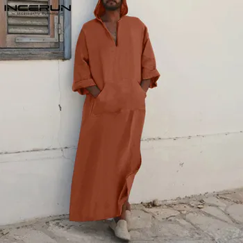 Vyrai Islamo arabų Kaftan Jubba Thobe Medvilnės Kietas ilgomis Rankovėmis su Gobtuvu Rūbeliai Artimųjų Rytų Dubajus Mens Musulmonų Thobe Abaja INCERUN